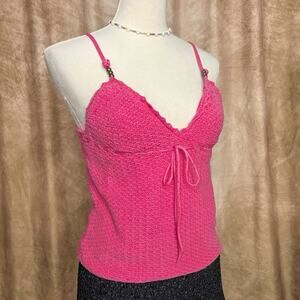 Vintage Y2K Tommy Hilfiger Pink Crochet Tank Top Empire Waist Beach Surf McBling